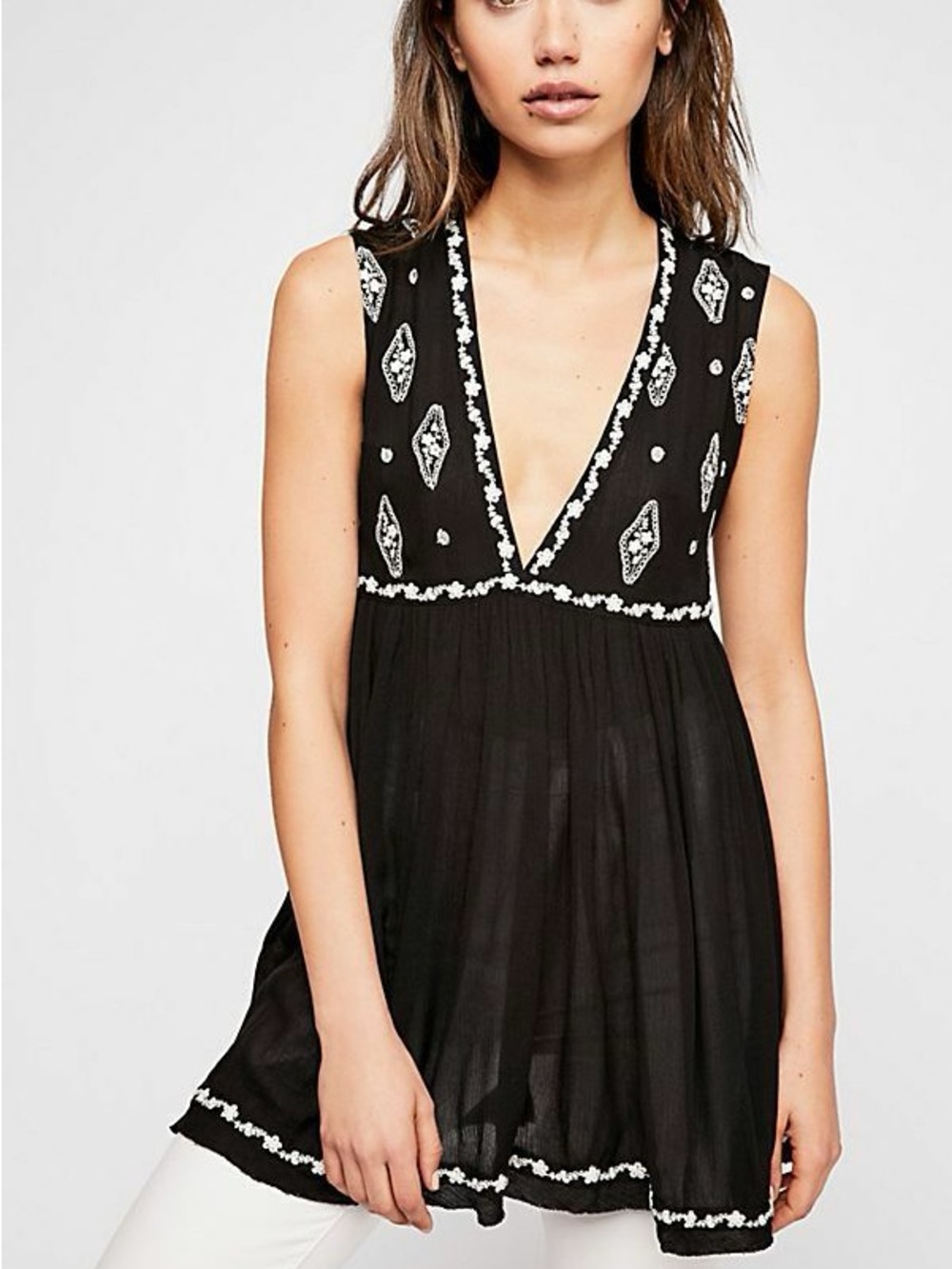 Free People Black Sleeveless Embroidered V-Neck Tunic